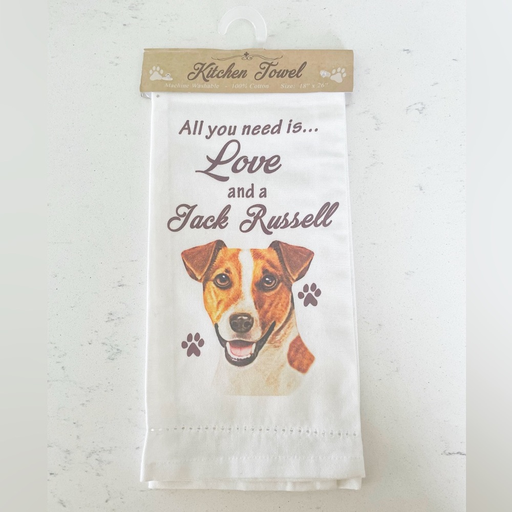 🔴 3 for $15 All You Need Is Love and a Jack Russell Terrier Dog Tea Towel NWT